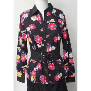 XOXO sz S Women's Blk Floral Corset-Belt Long Sleeve Shirt Cotton Very Nice EUC
